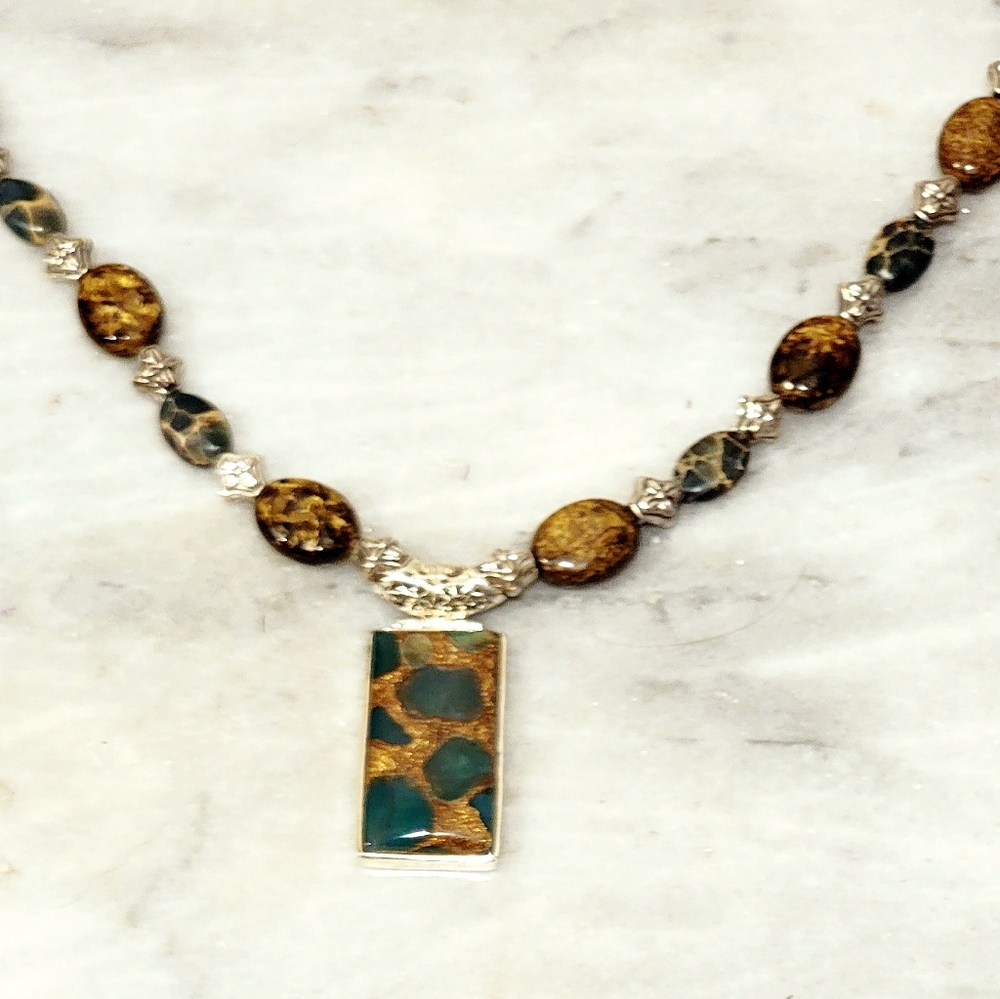 Bronzite Green Onyx Sterling Pendant Necklace 21"